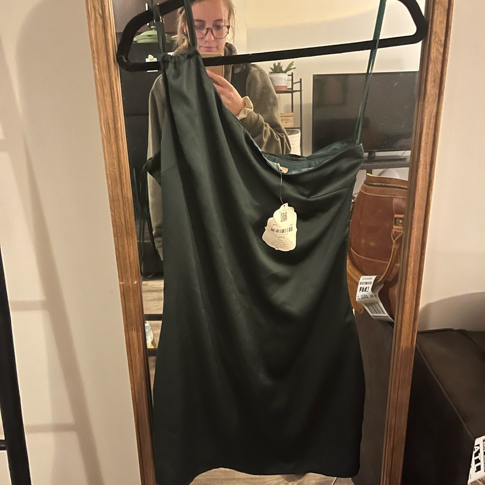 Altrd state, satin dark green one shoulder dress